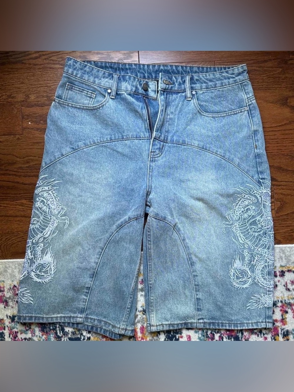 Urban Outfitters x Ed Hardy Blue Bermuda Jorts Shorts Dragon Embroidered